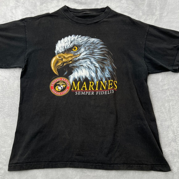 Vintage Other - VTG US Marines Semper Fidelis Single Stitch Eagle Graphic T-Shirt Faded Black XL